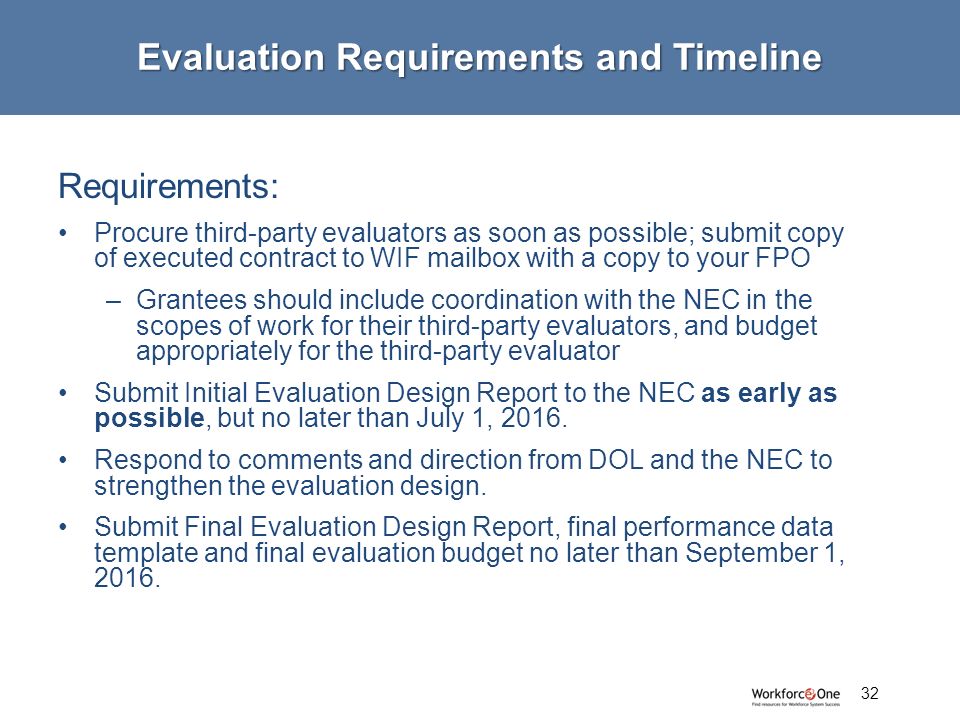 Requirements: Procure third-party evaluators as soon as possible; submit copy of executed contract to WIF mailbox with a copy to your FPO –Grantees should include coordination with the NEC in the scopes of work for their third-party evaluators, and budget appropriately for the third-party evaluator Submit Initial Evaluation Design Report to the NEC as early as possible, but no later than July 1, 2016.