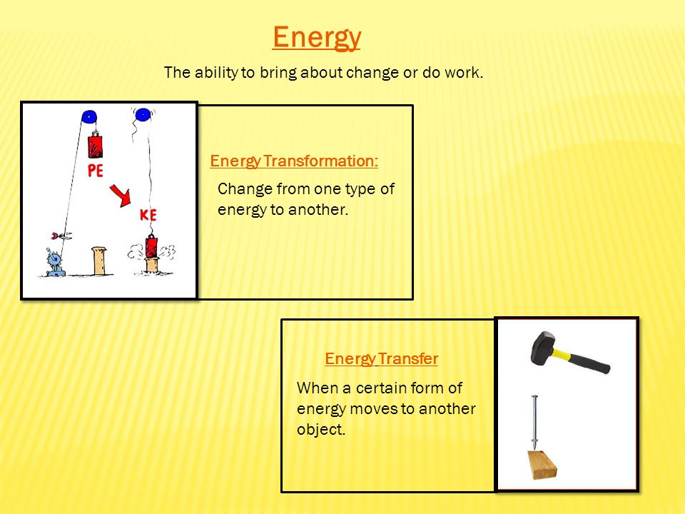 Energy The Ability To Bring About Change Or Do Work Energy Transformation Change From One Type Of Energy To Another Energy Transfer When A Certain Ppt Download