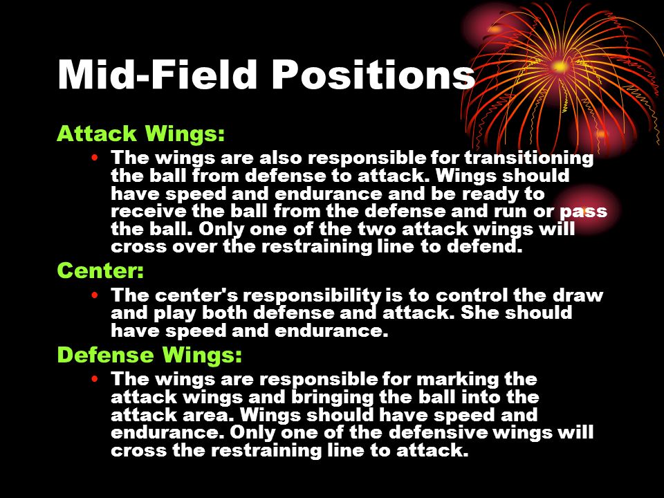 Mid-Field Positions Attack Wings: The wings are also responsible for transitioning the ball from defense to attack.