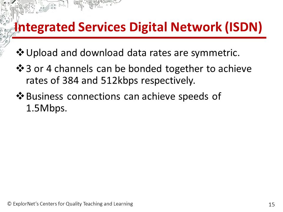 © ExplorNet’s Centers for Quality Teaching and Learning 15 Integrated Services Digital Network (ISDN)  Upload and download data rates are symmetric.