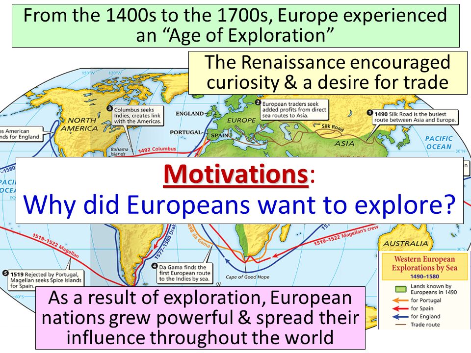 From the 1400s to the 1700s, Europe experienced an Age of Exploration As a result of exploration, European nations grew powerful & spread their influence throughout the world The Renaissance encouraged curiosity & a desire for trade Motivations Motivations: Why did Europeans want to explore