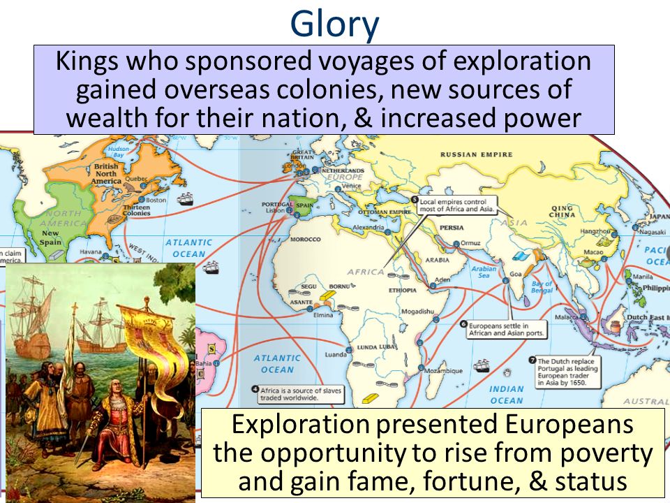 Glory The Renaissance inspired new possibilities for power & prestige Exploration presented Europeans the opportunity to rise from poverty and gain fame, fortune, & status Kings who sponsored voyages of exploration gained overseas colonies, new sources of wealth for their nation, & increased power