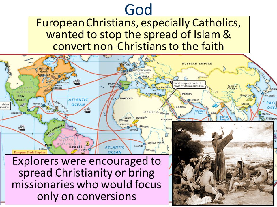 God European Christians, especially Catholics, wanted to stop the spread of Islam & convert non-Christians to the faith Explorers were encouraged to spread Christianity or bring missionaries who would focus only on conversions