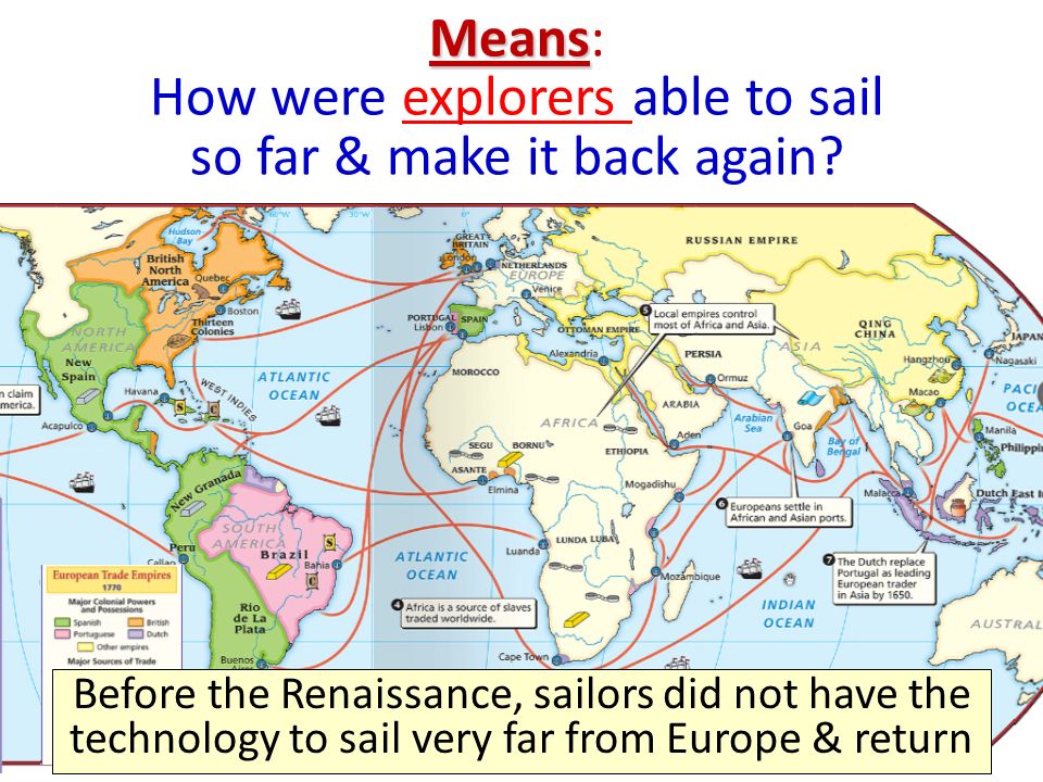 The Age of Exploration Means Means: How were explorers able to sail so far & make it back again explorers Before the Renaissance, sailors did not have the technology to sail very far from Europe & return