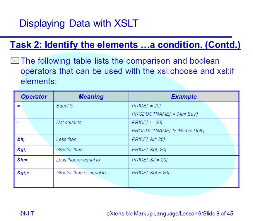 Displaying Data with XSLT ©NIITeXtensible Markup Language/Lesson 6/Slide 1  of 45 Objectives In this lesson, you will learn to: * Perform conditional  formatting. - ppt download