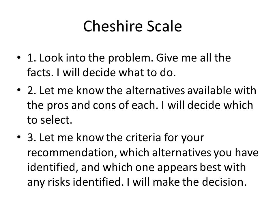 Cheshire Scale 1. Look into the problem. Give me all the facts.