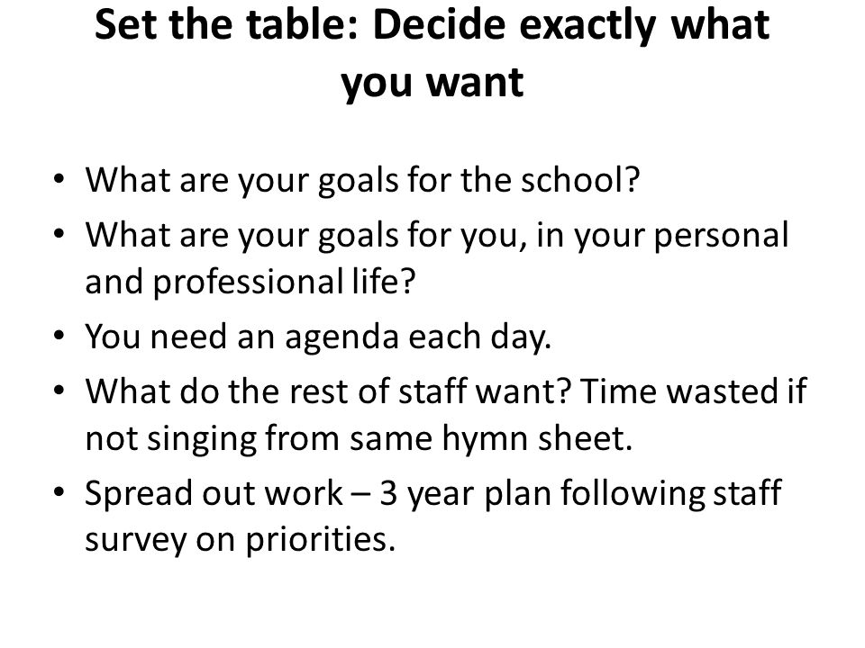 Set the table: Decide exactly what you want What are your goals for the school.