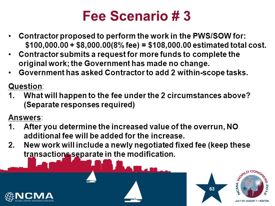 63 Contractor proposed to perform the work in the PWS/SOW for: $100, $8,000.00(8% fee) = $108, estimated total cost.