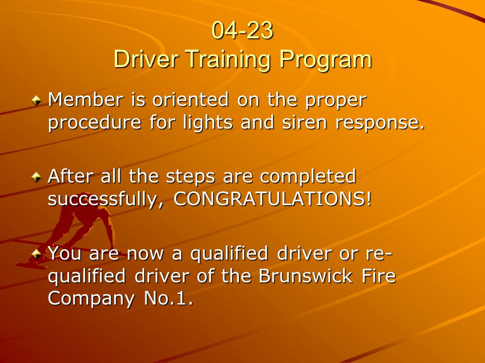 04-23 Driver Training Program Member is oriented on the proper procedure for lights and siren response.