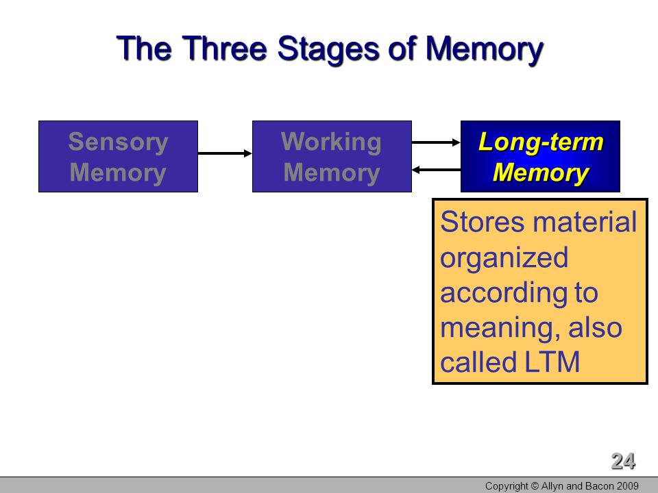 Copyright © Allyn and Bacon The Three Stages of Memory Sensory Memory Working Memory Long-term Memory Stores material organized according to meaning, also called LTM