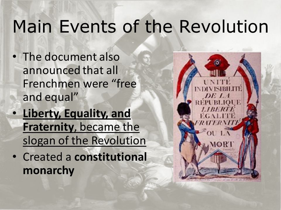 Main Events of the Revolution The document also announced that all Frenchmen were free and equal Liberty, Equality, and Fraternity, became the slogan of the Revolution Created a constitutional monarchy