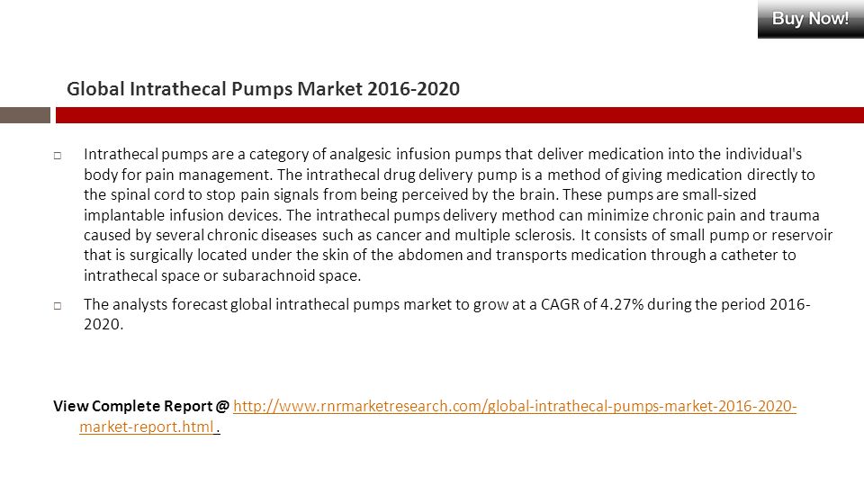 Global Intrathecal Pumps Market  Intrathecal pumps are a category of analgesic infusion pumps that deliver medication into the individual s body for pain management.