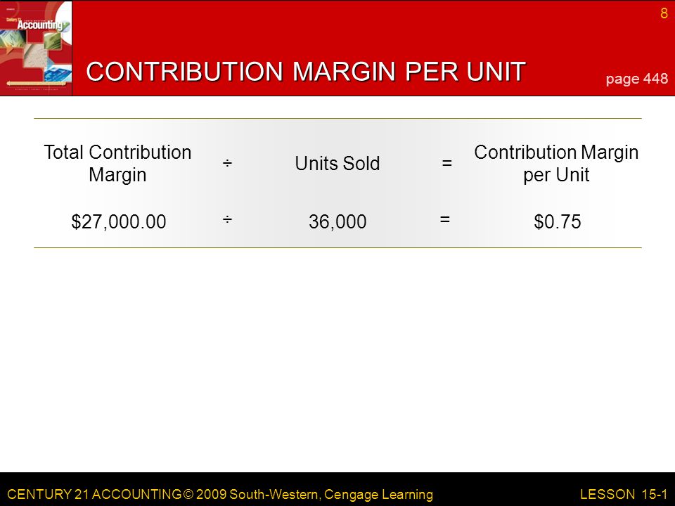 CENTURY 21 ACCOUNTING © 2009 South-Western, Cengage Learning 8 LESSON 15-1 CONTRIBUTION MARGIN PER UNIT page 448 Total Contribution Margin ÷Units Sold= Contribution Margin per Unit $27, ÷ 36,000 = $0.75