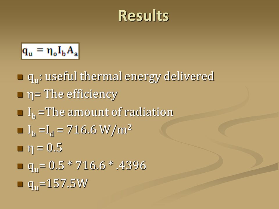 Results q u : useful thermal energy delivered q u : useful thermal energy delivered η= The efficiency η= The efficiency I b =The amount of radiation I b =The amount of radiation I b =I d = W/m 2 I b =I d = W/m 2 η = 0.5 η = 0.5 q u = 0.5 * *.4396 q u = 0.5 * *.4396 q u =157.5W q u =157.5W
