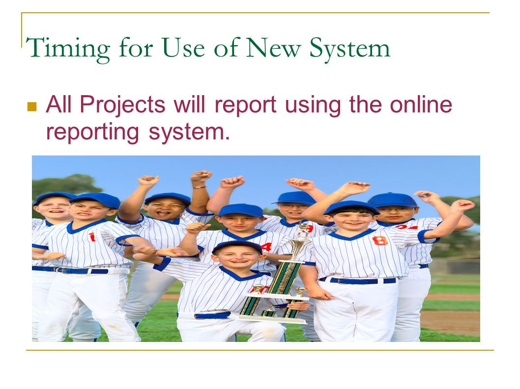 Timing for Use of New System All Projects will report using the online reporting system.