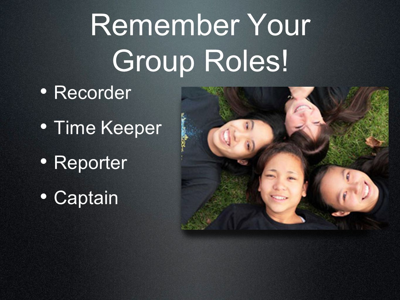 Remember Your Group Roles! Recorder Time Keeper Reporter Captain