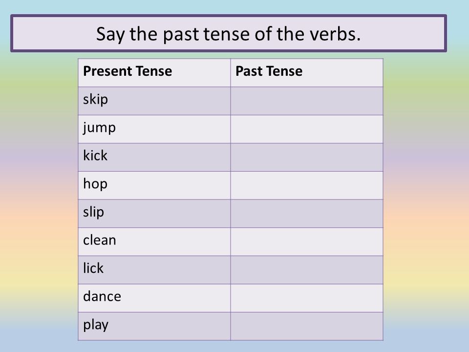 Present Tense and Past Tense. Read the verbs in the present and past tenses.  Present TensePast Tense hophopped jumpjumped kickkicked playplayed  skipskipped. - ppt download