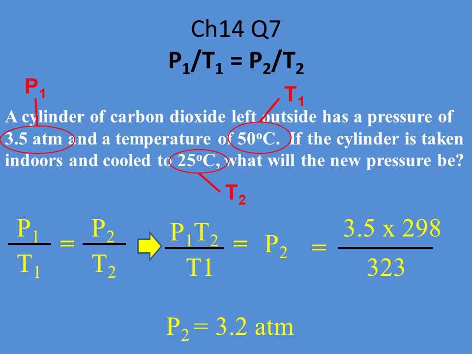 Ch14 Q7 P 1 /T 1 = P 2 /T 2 A cylinder of carbon dioxide left outside has a pressure of 3.5 atm and a temperature of 50 o C.