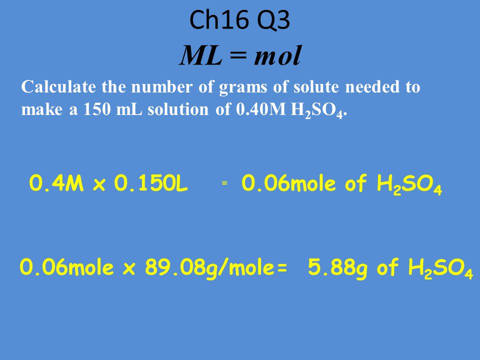 Ch16 Q3 ML = mol Calculate the number of grams of solute needed to make a 150 mL solution of 0.40M H 2 SO 4.