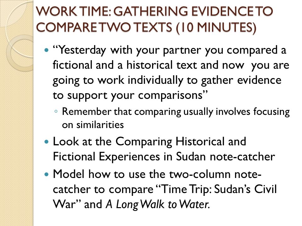 WORK TIME: GATHERING EVIDENCE TO COMPARE TWO TEXTS (10 MINUTES) Yesterday with your partner you compared a fictional and a historical text and now you are going to work individually to gather evidence to support your comparisons ◦ Remember that comparing usually involves focusing on similarities Look at the Comparing Historical and Fictional Experiences in Sudan note-catcher Model how to use the two-column note- catcher to compare Time Trip: Sudan’s Civil War and A Long Walk to Water.