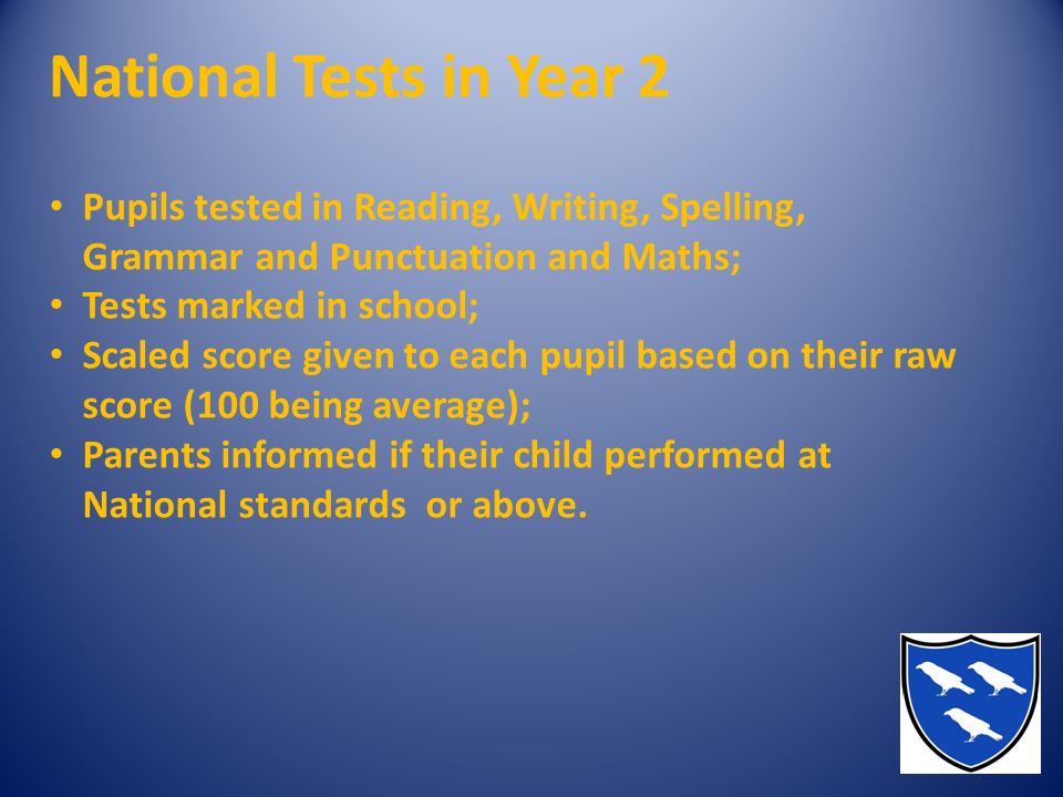 National Tests in Year 2 Pupils tested in Reading, Writing, Spelling, Grammar and Punctuation and Maths; Tests marked in school; Scaled score given to each pupil based on their raw score (100 being average); Parents informed if their child performed at National standards or above.