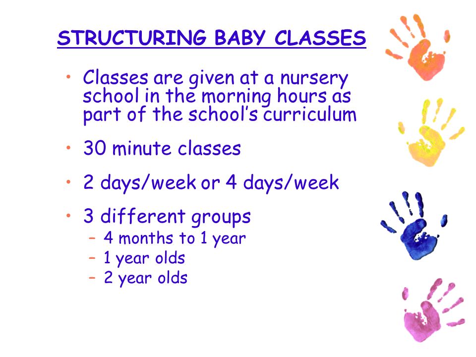 STRUCTURING BABY CLASSES Classes are given at a nursery school in the morning hours as part of the school’s curriculum 30 minute classes 2 days/week or 4 days/week 3 different groups –4 months to 1 year –1 year olds –2 year olds