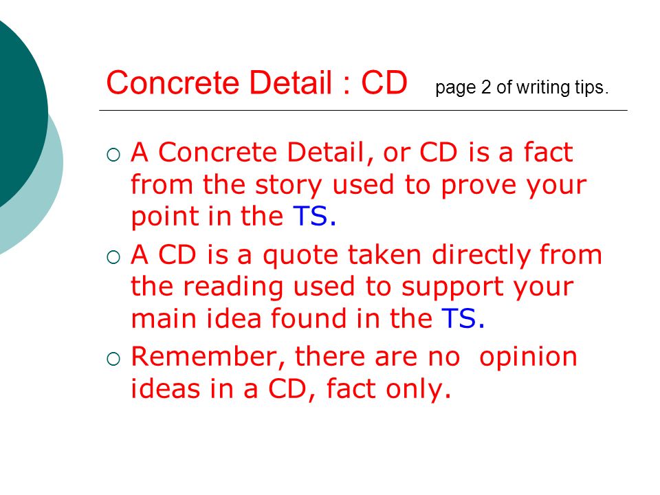 Concrete Detail : CD page 2 of writing tips.
