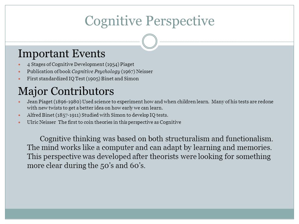 Cognitive Perspective Important Events 4 Stages of Cognitive Development (1954) Piaget Publication of book Cognitive Psychology (1967) Neisser First standardized IQ Test (1905) Binet and Simon Major Contributors Jean Piaget ( ) Used science to experiment how and when children learn.