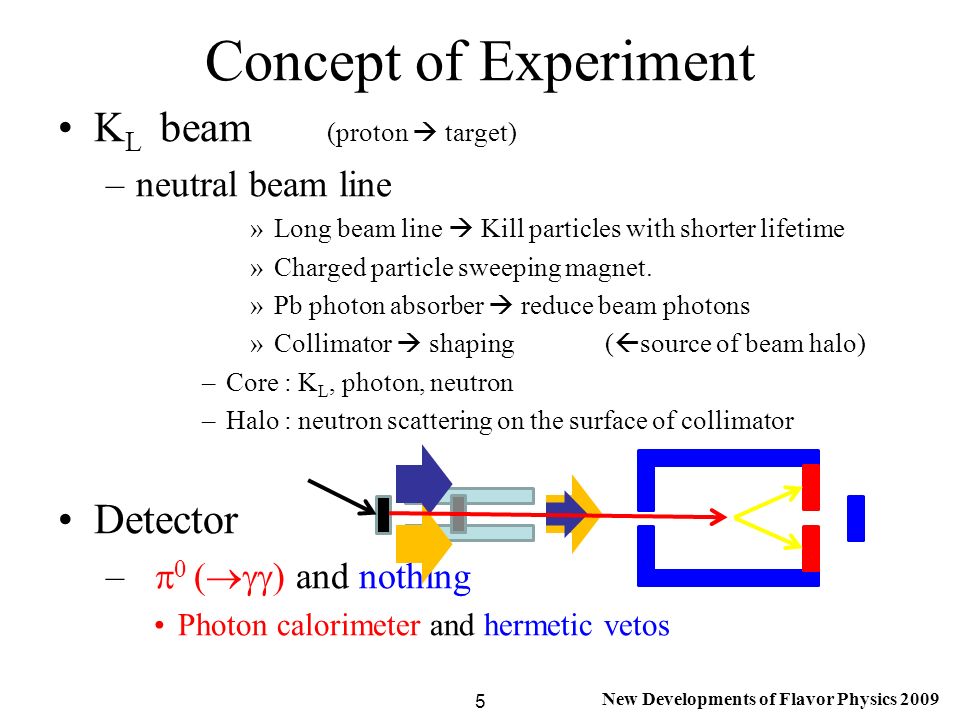New Developments of Flavor Physics 2009 Concept of Experiment K L beam (proton  target) –neutral beam line »Long beam line  Kill particles with shorter lifetime »Charged particle sweeping magnet.