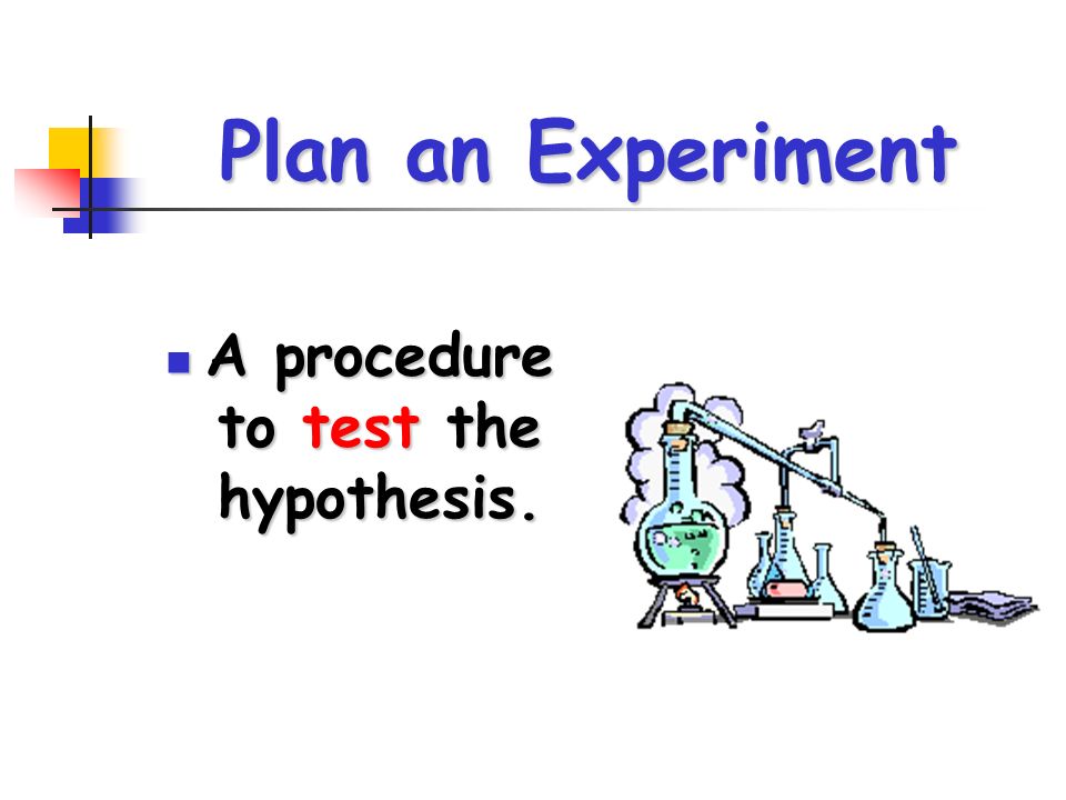 Plan an Experiment A procedure to test the hypothesis. A procedure to test the hypothesis.