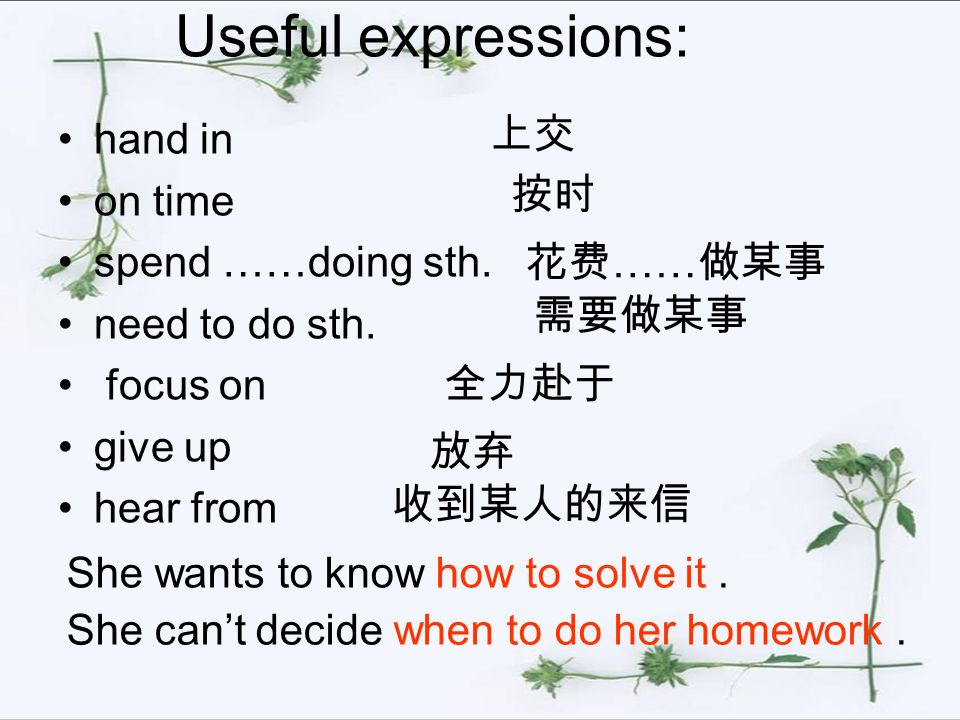 Useful expressions: hand in on time spend ……doing sth.