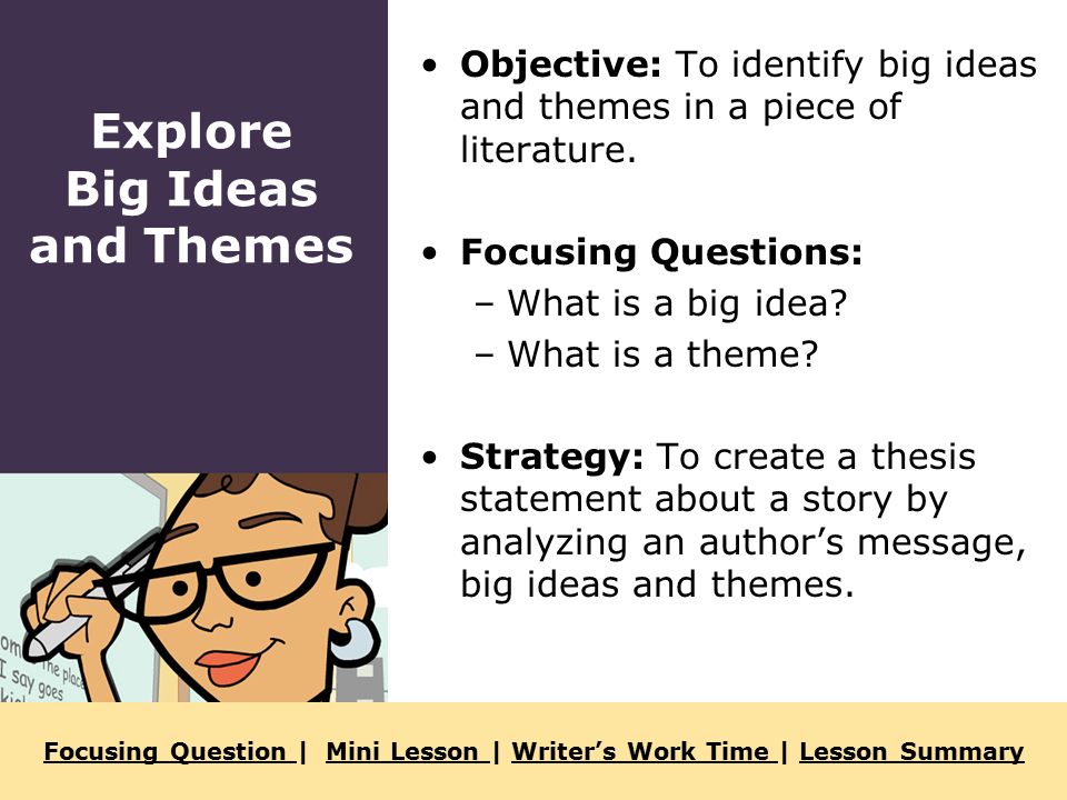 Focusing Question Focusing Question | Mini Lesson | Writer’s Work Time | Lesson SummaryMini Lesson Writer’s Work Time Lesson Summary Objective: To identify big ideas and themes in a piece of literature.