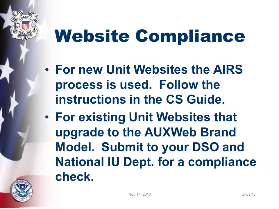 Website Compliance For new Unit Websites the AIRS process is used.