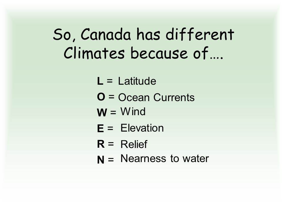 So, Canada has different Climates because of….