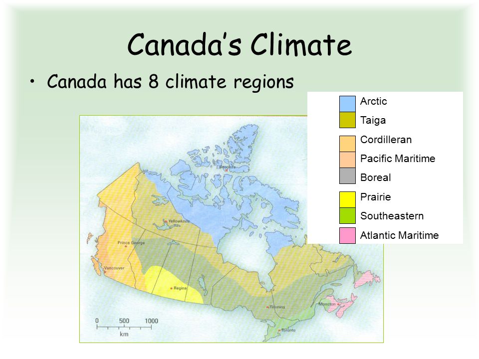 Canada’s Climate Canada has 8 climate regions Arctic Taiga Cordilleran Pacific Maritime Boreal Prairie Southeastern Atlantic Maritime
