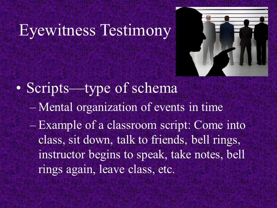 Eyewitness Testimony Scripts—type of schema –Mental organization of events in time –Example of a classroom script: Come into class, sit down, talk to friends, bell rings, instructor begins to speak, take notes, bell rings again, leave class, etc.