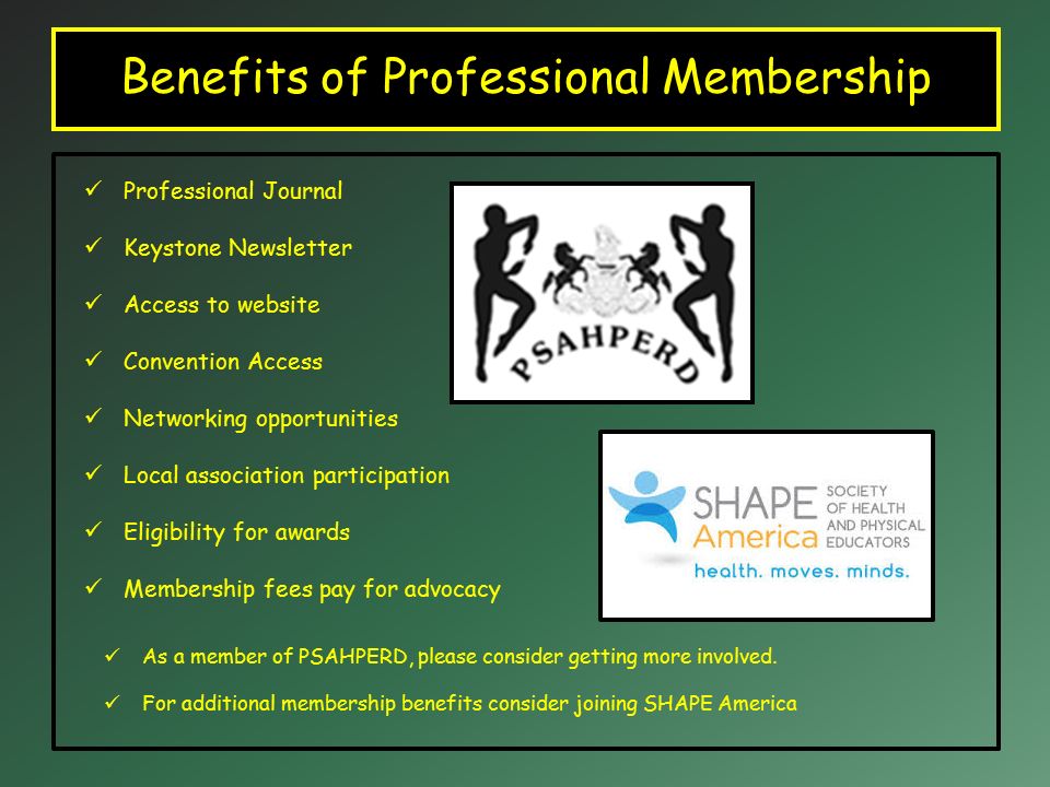 Benefits of Professional Membership Professional Journal Keystone Newsletter Access to website Convention Access Networking opportunities Local association participation Eligibility for awards Membership fees pay for advocacy As a member of PSAHPERD, please consider getting more involved.
