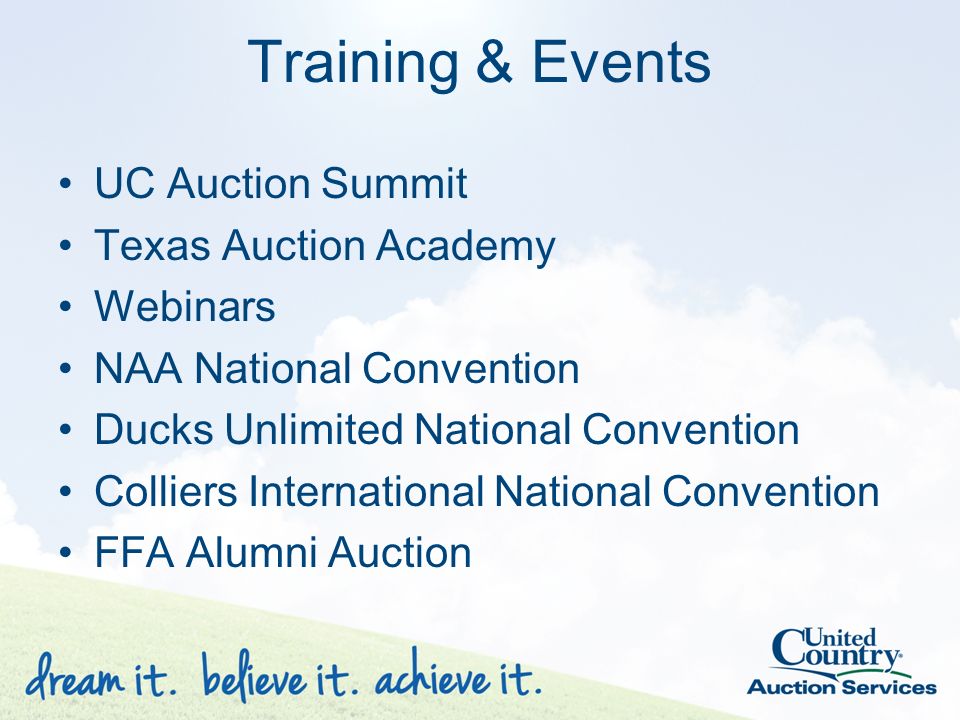 Training & Events UC Auction Summit Texas Auction Academy Webinars NAA National Convention Ducks Unlimited National Convention Colliers International National Convention FFA Alumni Auction