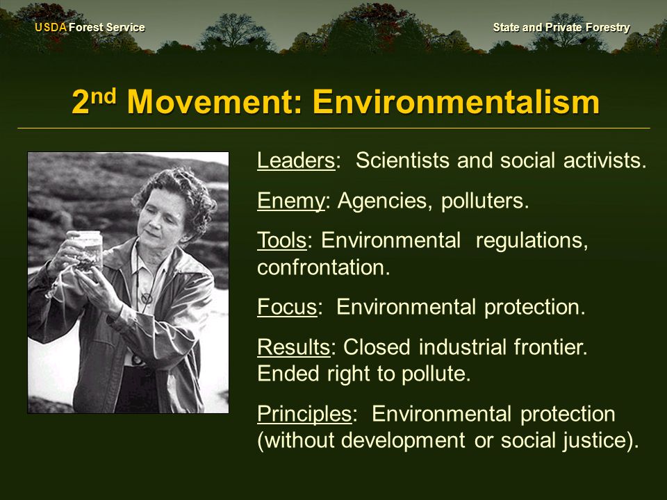 USDA Forest Service State and Private Forestry 2 nd Movement: Environmentalism Leaders: Scientists and social activists.