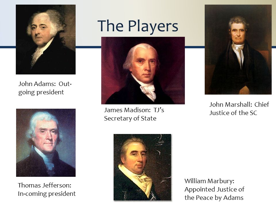 The Players John Adams: Out- going president Thomas Jefferson: In-coming president James Madison: TJ’s Secretary of State William Marbury: Appointed Justice of the Peace by Adams John Marshall: Chief Justice of the SC
