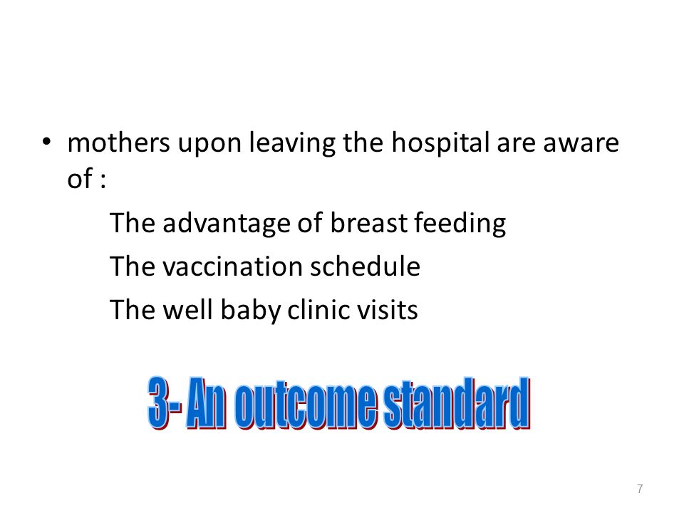 7 mothers upon leaving the hospital are aware of : The advantage of breast feeding The vaccination schedule The well baby clinic visits