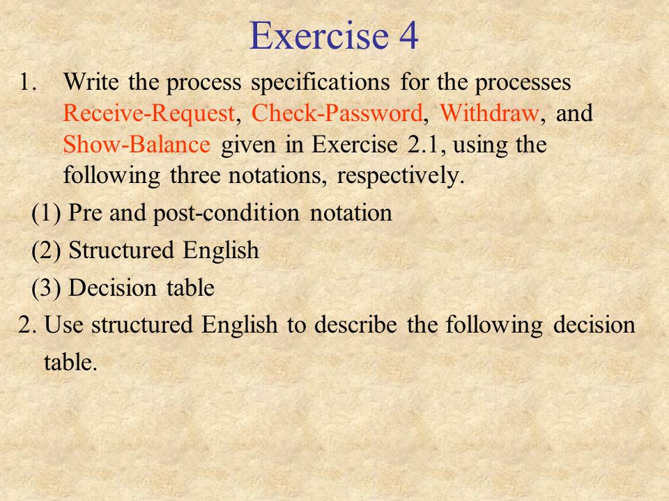 Exercise 4 1.Write the process specifications for the processes Receive-Request, Check-Password, Withdraw, and Show-Balance given in Exercise 2.1, using the following three notations, respectively.