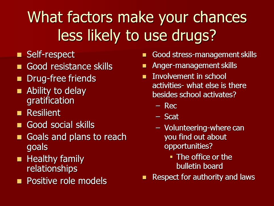 What factors make your chances less likely to use drugs.