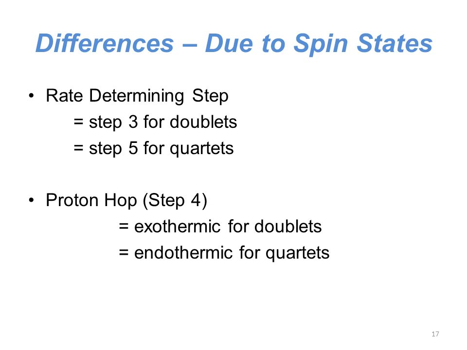 Differences – Due to Spin States Rate Determining Step = step 3 for doublets = step 5 for quartets Proton Hop (Step 4) = exothermic for doublets = endothermic for quartets 17