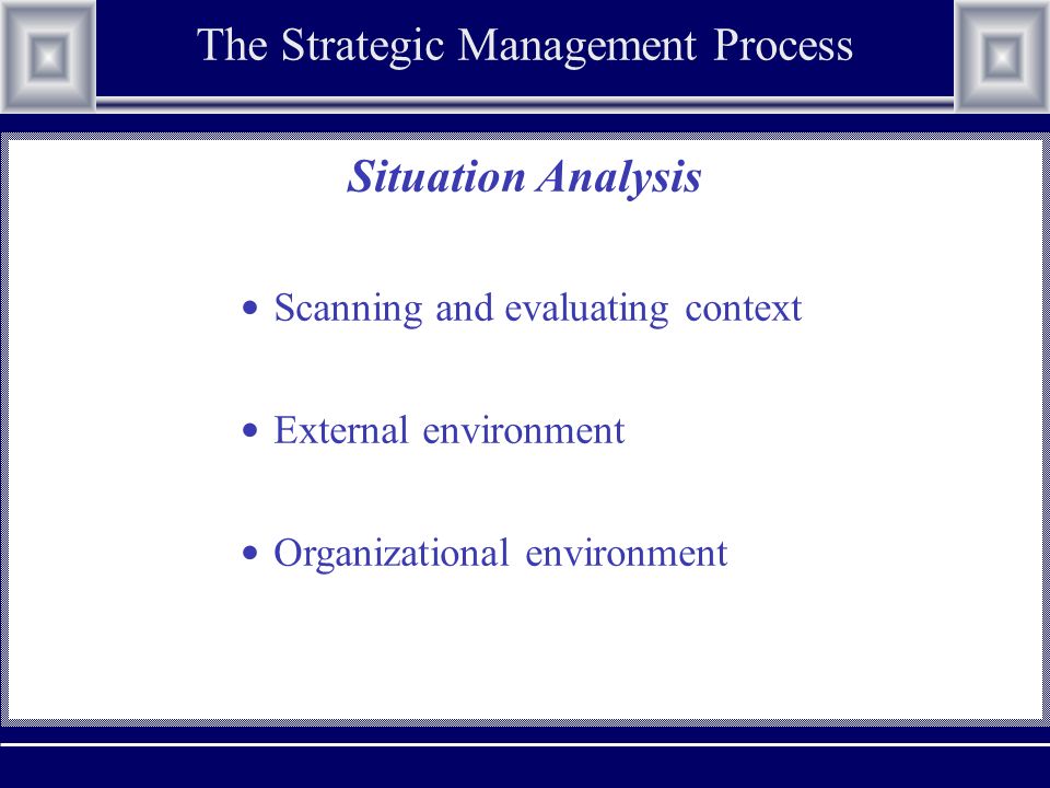 The Strategic Management Process Situation Analysis Scanning and evaluating context External environment Organizational environment