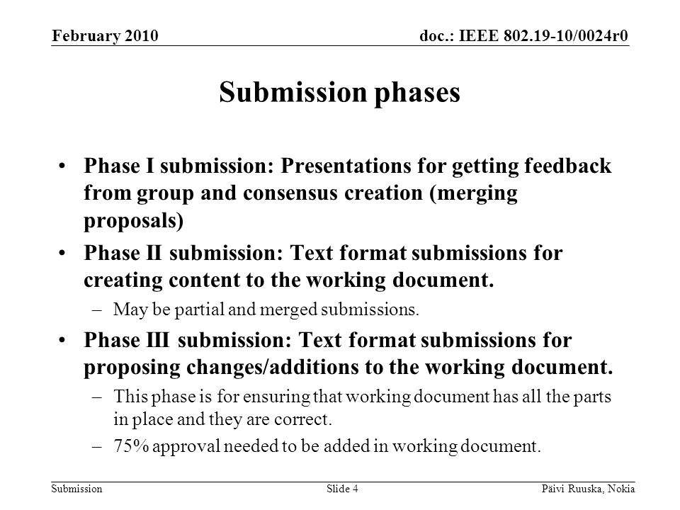 doc.: IEEE /0024r0 Submission Submission phases Phase I submission: Presentations for getting feedback from group and consensus creation (merging proposals) Phase II submission: Text format submissions for creating content to the working document.