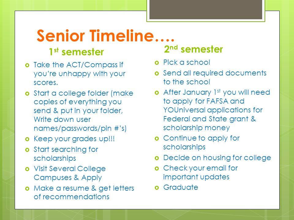 Senior Timeline…. 1 st semester  Take the ACT/Compass if you’re unhappy with your scores.