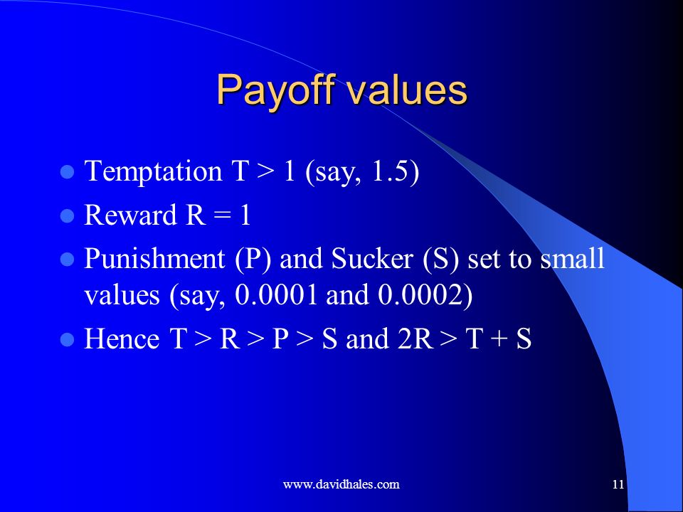 Payoff values Temptation T > 1 (say, 1.5) Reward R = 1 Punishment (P) and Sucker (S) set to small values (say, and ) Hence T > R > P > S and 2R > T + S
