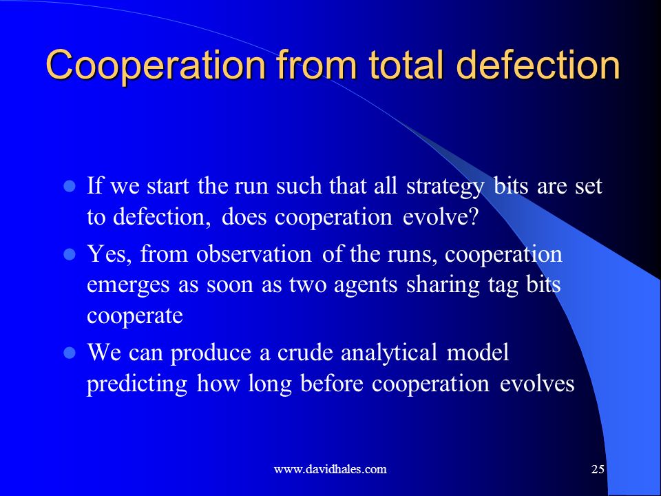 Cooperation from total defection If we start the run such that all strategy bits are set to defection, does cooperation evolve.