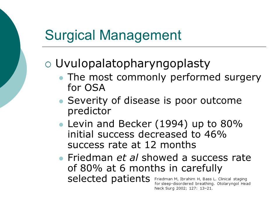 Surgical Management  Uvulopalatopharyngoplasty The most commonly performed surgery for OSA Severity of disease is poor outcome predictor Levin and Becker (1994) up to 80% initial success decreased to 46% success rate at 12 months Friedman et al showed a success rate of 80% at 6 months in carefully selected patients Friedman M, Ibrahim H, Bass L.